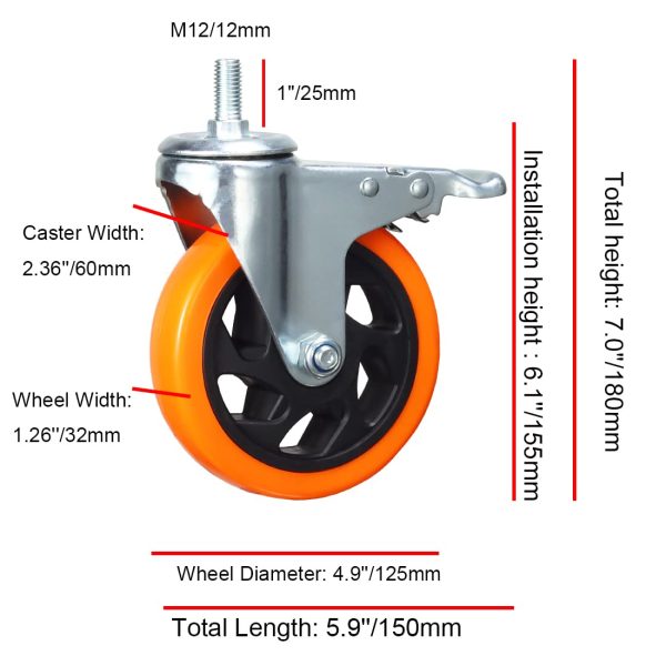 4 Pcs 5 Inch Swivel Wheels Yellow PVC Casters with Metric Stem M12-1.75 x 25mm Double Brakes Castors Safety Wheels up to 1200 Lbs Set Sale - Image 2
