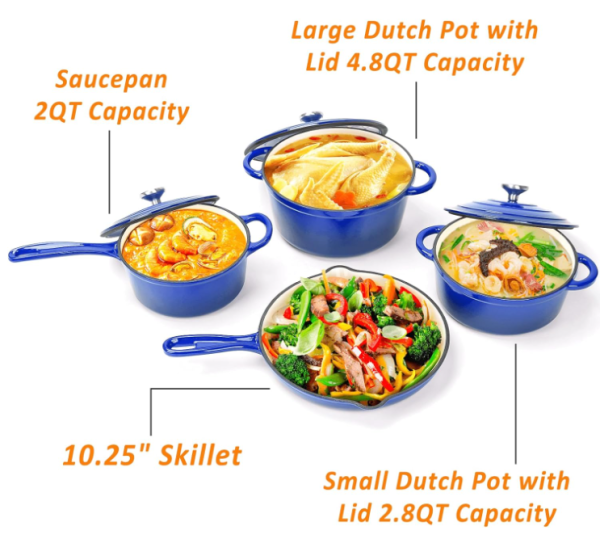 Enameled Cast Iron Cookware Set - 7 Piece Set of Dutch Ovens, Sauce Pan, Skillet, 3 Lids, Dutch Oven Set, Ceramic Nonstick Coated, PFA Free, Blue For Discount - Image 5