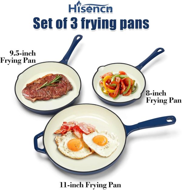 3Pcs Navy Enameled Cast Iron Frying Pan Skillets Kit, Nonstick Nontoxic Fry Pan Cookware Set, PFAS & PTFE & PFOA Free Supply - Image 2