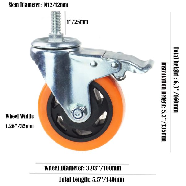 4 Pcs 4 Inch Swivel Wheels Yellow PVC Casters with Metric Stem M12-1.75 x 25mm Double Brakes Castors Safety Wheels up to 1200 Lbs Set Hot on Sale - Image 2