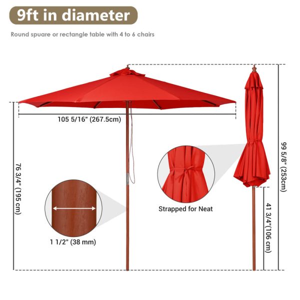 TheLAShop 9ft 8-Rib Wood Market Umbrella for Outdoor Restaurant Garden Sale - Image 3