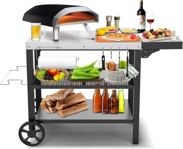 Pizza Oven Stand Table for Ninja Woodfire, Ooni, Blackstone Griddle, Three-Shelf Movable Worktable with Drawer & Side Table on Wheels Online Hot Sale