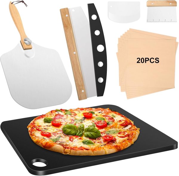 6 PCS Pizza Steel Set for Oven and Grill, Pizza Steel with Pizza Peel, Cutter Rocker, Measuring Scale Scraper, Plastic Cutter & 20 PCS Cooking Paper Hot on Sale