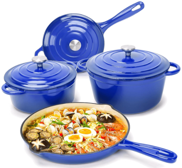 Enameled Cast Iron Cookware Set - 7 Piece Set of Dutch Ovens, Sauce Pan, Skillet, 3 Lids, Dutch Oven Set, Ceramic Nonstick Coated, PFA Free, Blue For Discount