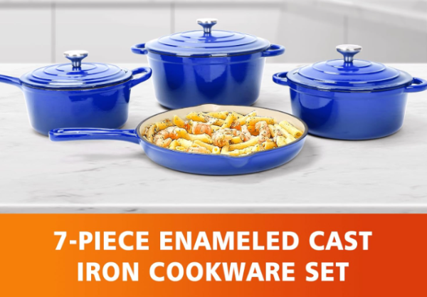 Enameled Cast Iron Cookware Set - 7 Piece Set of Dutch Ovens, Sauce Pan, Skillet, 3 Lids, Dutch Oven Set, Ceramic Nonstick Coated, PFA Free, Blue For Discount - Image 2