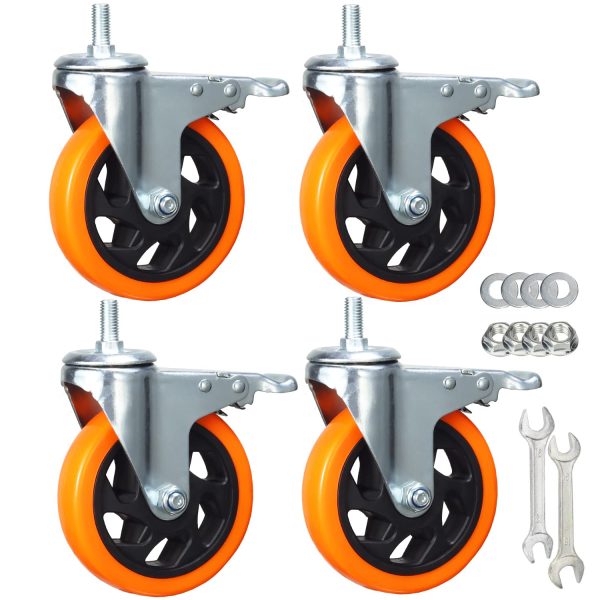 4 Pcs 5 Inch Swivel Wheels Yellow PVC Casters with Metric Stem M12-1.75 x 25mm Double Brakes Castors Safety Wheels up to 1200 Lbs Set Sale