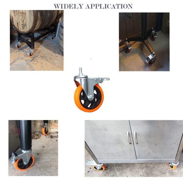 4 Pcs 4 Inch Swivel Wheels Yellow PVC Casters with Metric Stem M12-1.75 x 25mm Double Brakes Castors Safety Wheels up to 1200 Lbs Set Hot on Sale - Image 4