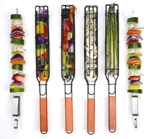 Kebab Grilling Basket & Kabob Skewers Stainless Steel - set of 4 & 2 Metal BBQ Skewers. for Barbecue Veggies, Jumbo Shrimps Hot on Sale