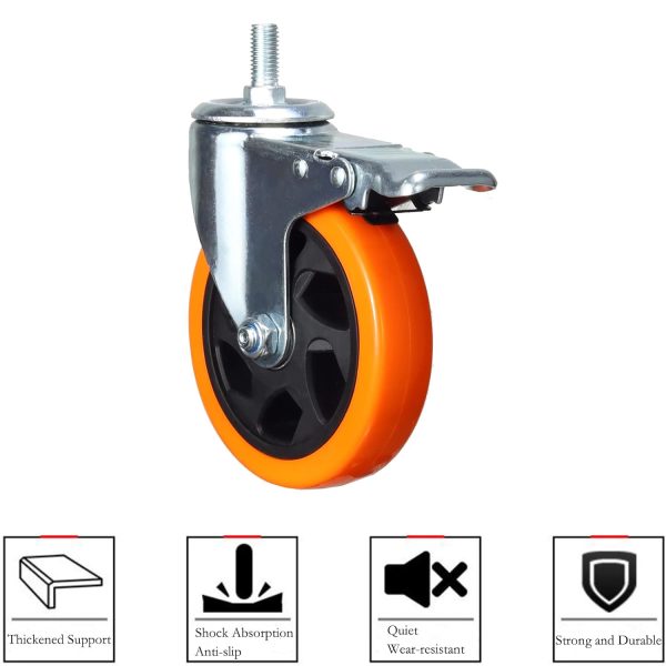 4 Pcs 4 Inch Swivel Wheels Yellow PVC Casters with Metric Stem M12-1.75 x 25mm Double Brakes Castors Safety Wheels up to 1200 Lbs Set Hot on Sale - Image 5