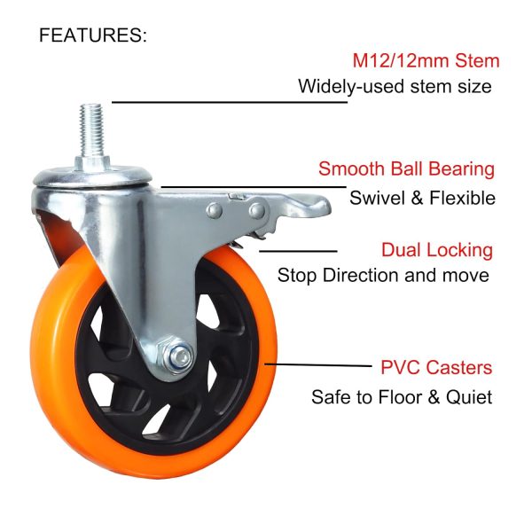 4 Pcs 5 Inch Swivel Wheels Yellow PVC Casters with Metric Stem M12-1.75 x 25mm Double Brakes Castors Safety Wheels up to 1200 Lbs Set Sale - Image 3