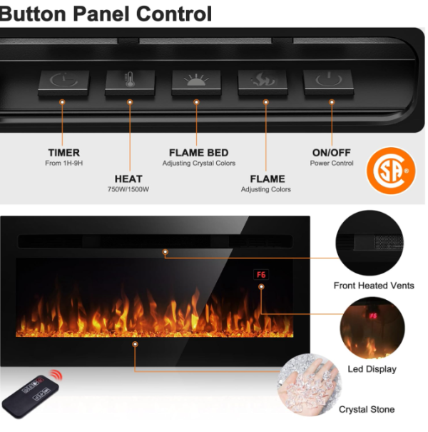 50 Inch Recessed and Wall Mounted Electric Fireplace Heater and Linear with Timer, Touch Panel, Remote Control, 12 Flame Color, Low Noise, 750w 1500w Fashion - Image 4