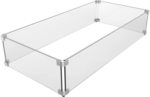 Fire Pit Glass Wind Guard, 31 x 12 x 6 inch, Thick Rectangular Heat-Resistant Tempered with Hard Bracket and Rubber Feet for Propane, Gas, Outdoor For Sale