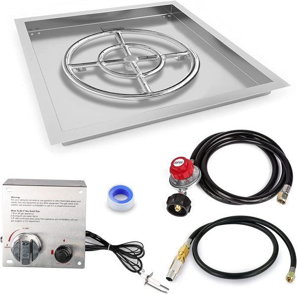 18  x 18  Stainless Steel Round Drop-in Fire Pit Burner Pan, 12  Burner Ring and Spark Ignition Hose Kit for LP NG Gas Fire Pit and Fireplace on Sale