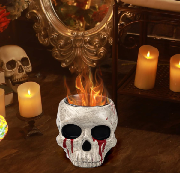 Table Top Fire Pit Bowl - Halloween Skull Alcohol Firepit Decorations Concrete Tabletop Fireplace Decor Portable Mini Smores Maker for Garden Patio on Sale - Image 2