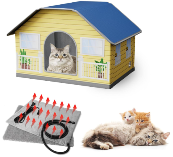 Heated Outdoor Cat House with Insulated Aluminum, 100% Waterproof Weatherproof with 2 Mat, Feral Shelter for Winter w  Thermostatic Pet Heating Pad, L Discount