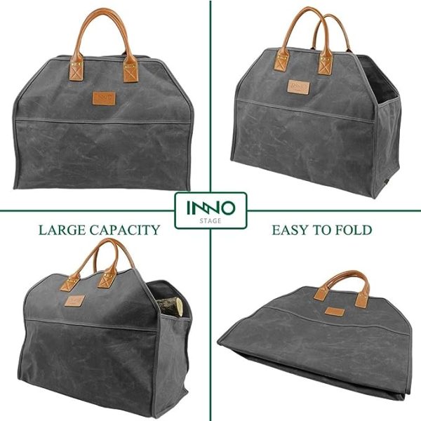 Waxed Canvas Grey Firewood Log Carrier Tote Large Fire Wood Bag Durable Fireplace Wood Stove Accessories Holder for Storage For Cheap - Image 4