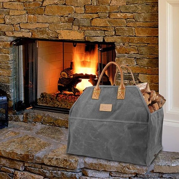 Waxed Canvas Grey Firewood Log Carrier Tote Large Fire Wood Bag Durable Fireplace Wood Stove Accessories Holder for Storage For Cheap - Image 2