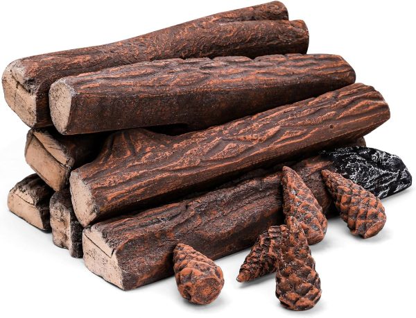 16  Large Gas Fireplace Ceramic Wood Logs and Ceramic Pine Corns Set for Firebowl, Vented, Propane, Electric Gas Fire Pits, Fireplace Decorative Cheap