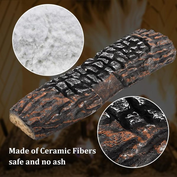 10 Pcs Gas Fireplace Decor Logs with 6 Oz Glowing Embers Set, Inserts Rock Wool and Faux Ceramic Logs for Ventless & Vented, Lp & Ng Gas Fire Pits Discount - Image 4
