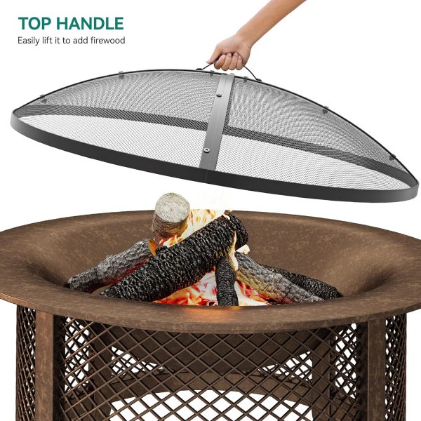 30Inch Dia Round Fire Pit Top Spark Screen Metal Lid Cover with Ring Handle and Fire Poker for Indoor & Outdoor Backyard Patio Accessories Online Hot Sale - Image 4