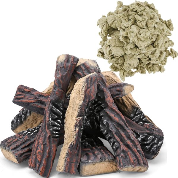 10 Pcs Gas Fireplace Decor Logs with 6 Oz Glowing Embers Set, Inserts Rock Wool and Faux Ceramic Logs for Ventless & Vented, Lp & Ng Gas Fire Pits Discount
