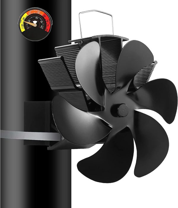 Wood Stove Pipe Fireplace Fan with Magnetic Thermometer, 6 Blades Fan on Chimney, Heat Powered for WoodGas Pellet Log Burning Stoves Online now