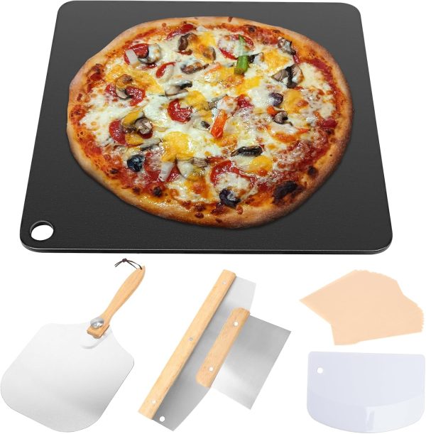 6Pcs Pizza Stone Kit for Oven and Grill, 13  Large Nano-Ceramic Iron Baking Stone with Pizza Peel, Dough Pizza Cutter and 20pcs Cooking Paper For Discount