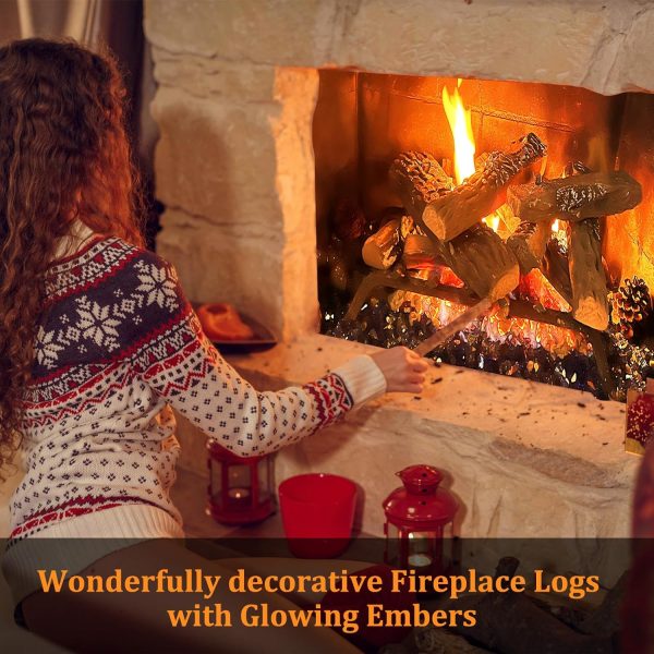 10 Pcs Gas Fireplace Decor Logs with 6 Oz Glowing Embers Set, Inserts Rock Wool and Faux Ceramic Logs for Ventless & Vented, Lp & Ng Gas Fire Pits Discount - Image 2