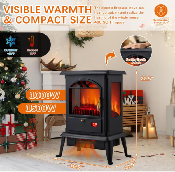 Electric Fireplace Stove 23 Inches, Freestanding Infrared Fireplace Heater w Realistic Flame, Log Set, Remote Control, Timer, 1000W 1500W Supply - Image 4