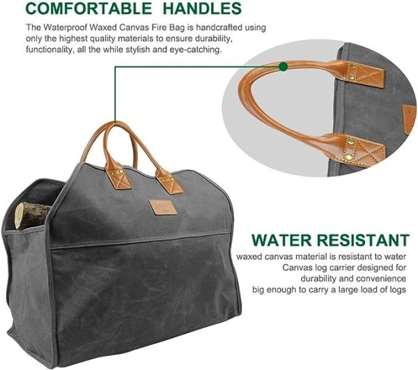 Waxed Canvas Grey Firewood Log Carrier Tote Large Fire Wood Bag Durable Fireplace Wood Stove Accessories Holder for Storage For Cheap - Image 3