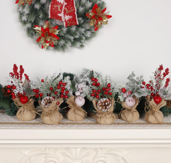 6Pcs Mini Christmas Tree Table Decorations, 9  Small Artificial Trees with Red Berries Pine Cone for Tabletop Fireplace Mantel Centerpiece Decorations Online now - Image 3