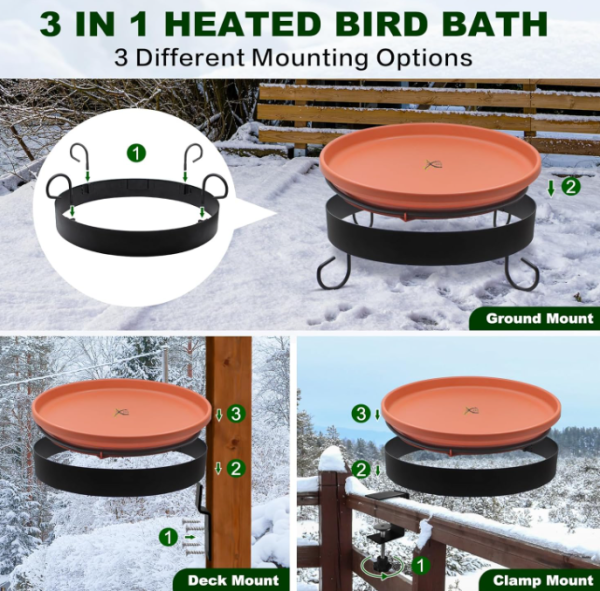 Heated Bird Bath for Outdoors Winter, 3 Easy Ways to Mount Detachable Bird Bath Bowl, 75W with Thermostatically Controlled for Garden Yard Patio Lawn Online - Image 3