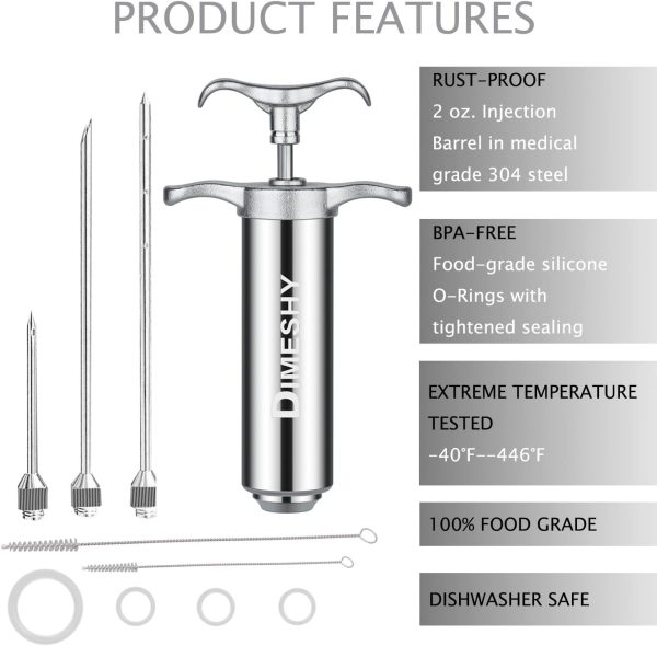 304 Stainless Steel Marinade Meat Injector Kit with 2-oz Large Capacity Barrel with 3 commercial Marinade Needles Online - Image 3