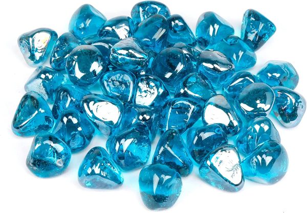 1   High Luster Reflective Tempered Caribbean Blue Fire Glass Diamonds Rock for Fire Pit, Fireplace, 10 LBS Kit Supply