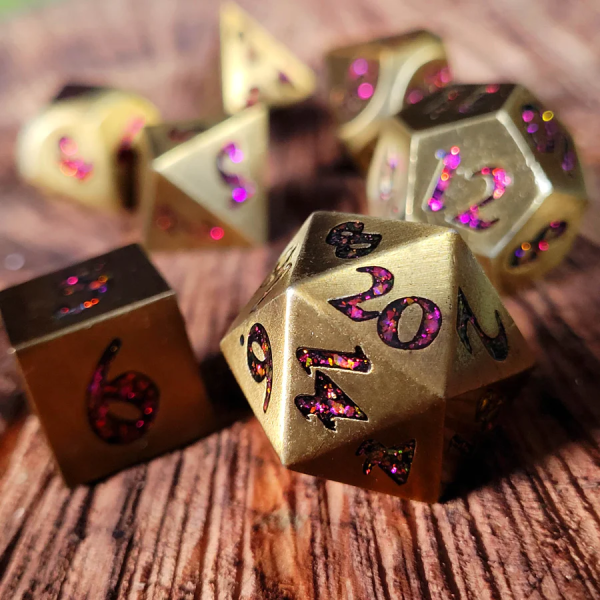 Forged Gaming: Antique Gold with Red Mica - Metal RPG Dice Set on Sale