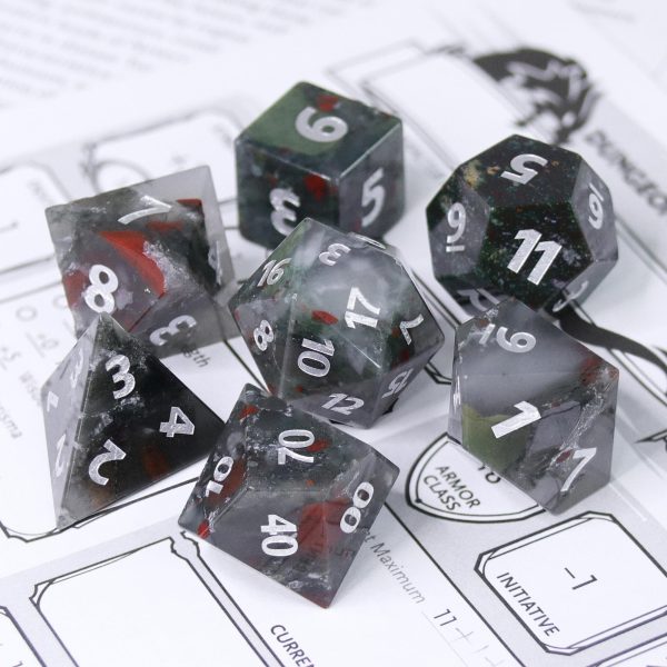Vampiric Bloodstone  - Black and Gray and Red Inclusions Setonite with Silver Inking - Polyhedral Dice (7) - Level One Dice Supply