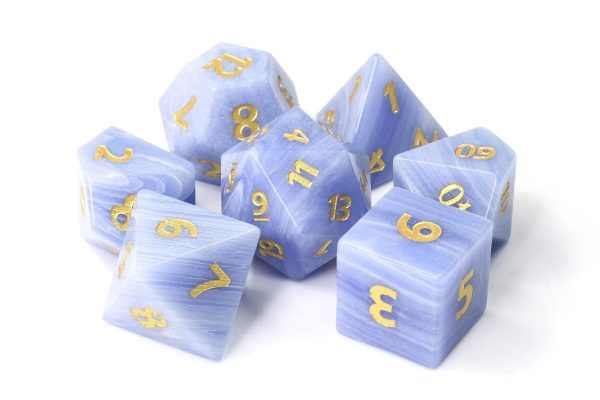 Glimmering Cloudstone  - Blue and White Striations Resin and Quartz with Gold Inking - Polyhedral Gemstone Dice (7) - Level One Dice Hot on Sale