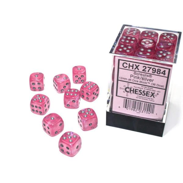 Chessex: Borealis Luminary Pink w  Silver - 12mm d6 Dice Set (36) - CHX27984 Online now