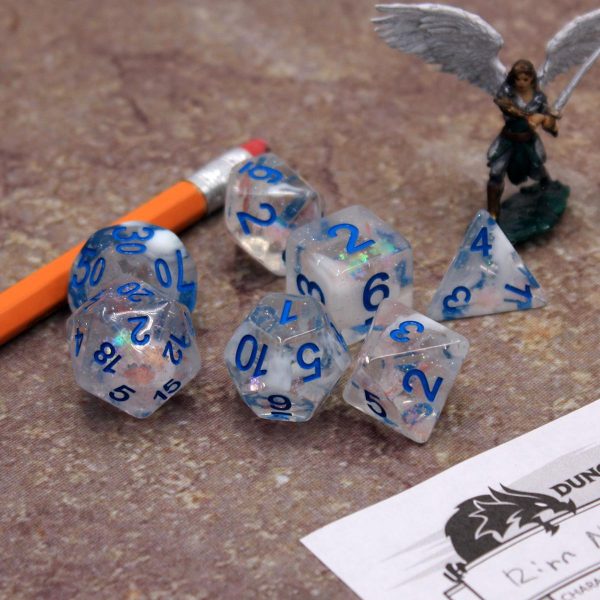 Cereal Milk  - Transparent White Swirl and Particles with Blue - Polyhedral Dice (7) - Level One Dice Discount - Image 5
