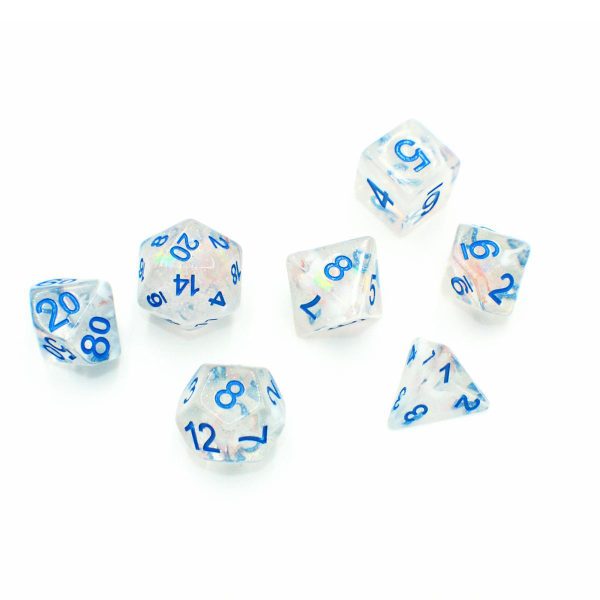 Cereal Milk  - Transparent White Swirl and Particles with Blue - Polyhedral Dice (7) - Level One Dice Discount