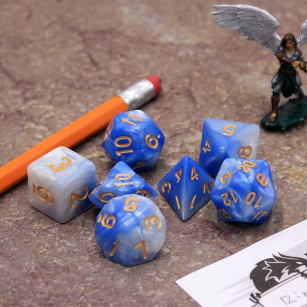 Blue Macaron  - Light Blue and White Pearlescent with Gold Swirl - Polyhedral Dice (7) - Level One Dice For Discount - Image 5