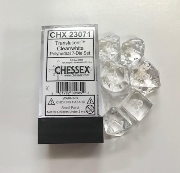 Chessex: Transluscent Clear w  White - Polyhedral Dice Set (7) (CHX23071) Online Sale