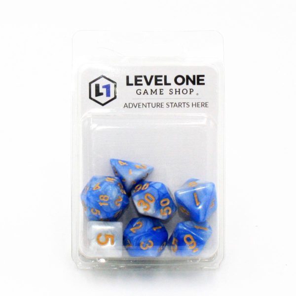 Blue Macaron  - Light Blue and White Pearlescent with Gold Swirl - Polyhedral Dice (7) - Level One Dice For Discount - Image 2