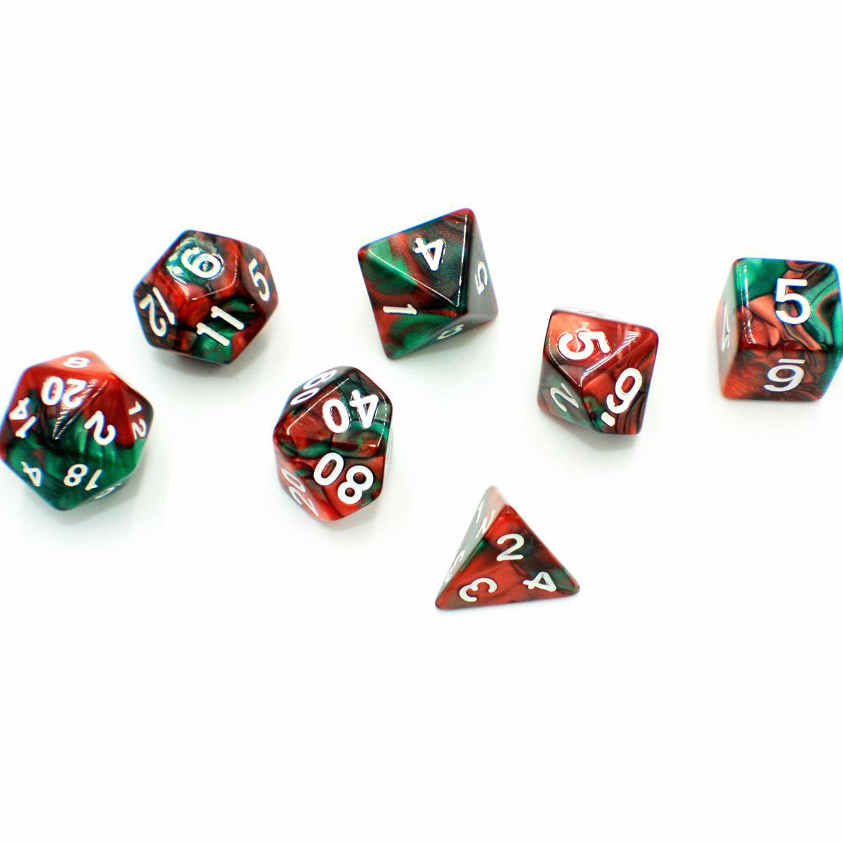 Pepper Panic  – Green and Red Pearlescent with White Swirl – Polyhedral Dice (7) – Level One Dice Online