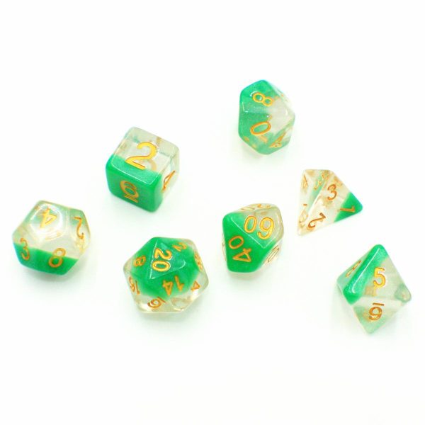 Slime Surprise  - Transparent Glitter and Green with Gold Layer - Polyhedral Dice (7) - Level One Dice Supply