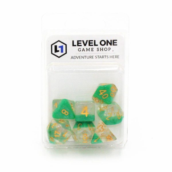 Slime Surprise  - Transparent Glitter and Green with Gold Layer - Polyhedral Dice (7) - Level One Dice Supply - Image 2