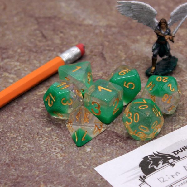 Slime Surprise  - Transparent Glitter and Green with Gold Layer - Polyhedral Dice (7) - Level One Dice Supply - Image 5